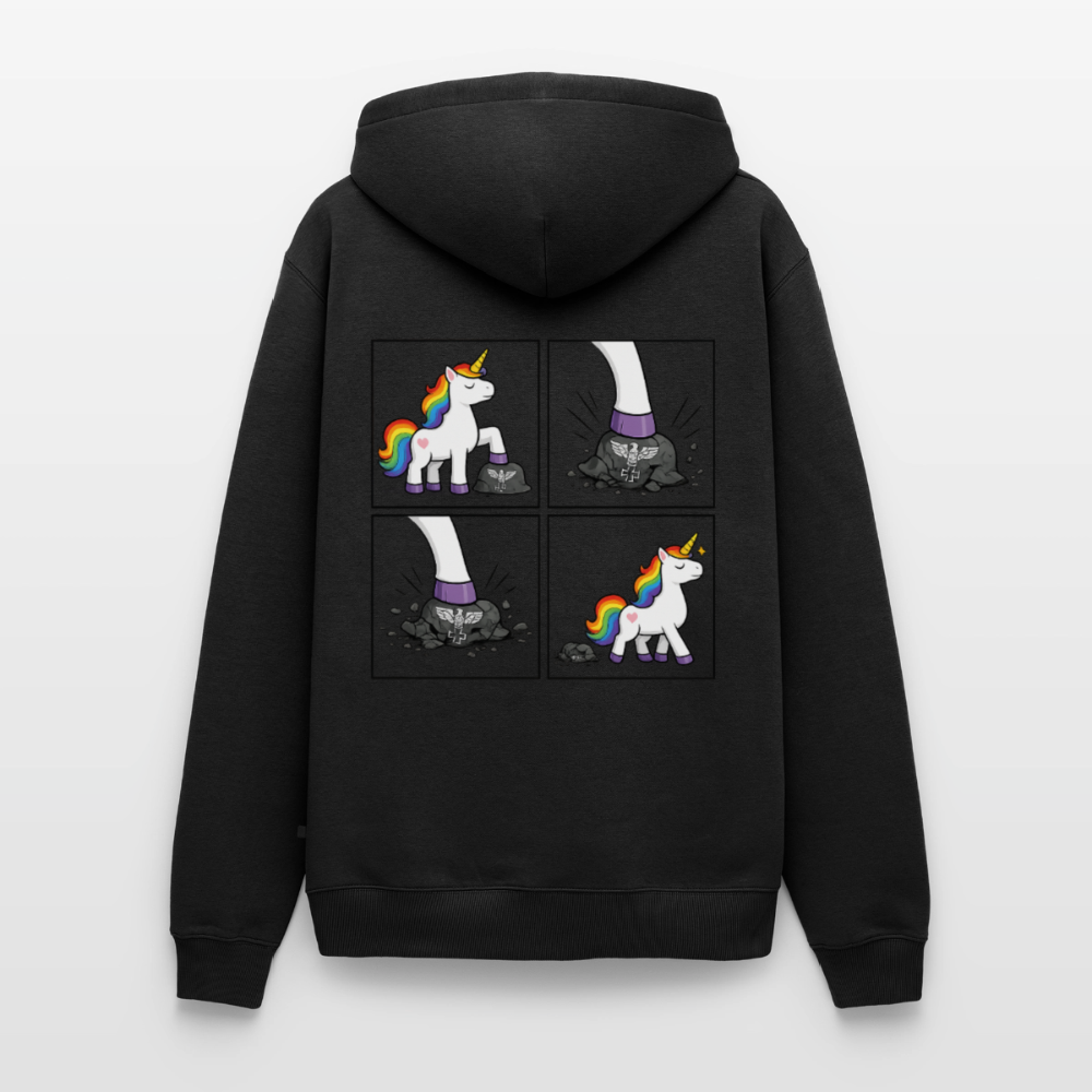 Männer Premium Regenbogen Einhorn Comic Hoodie – Statement Streetwear Unicorn zerstampft Helm – Bunter Oversize Hoodie - Schwarz