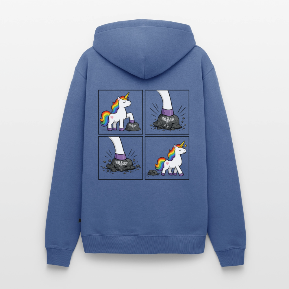 Männer Premium Regenbogen Einhorn Comic Hoodie – Statement Streetwear Unicorn zerstampft Helm – Bunter Oversize Hoodie - Taubenblau