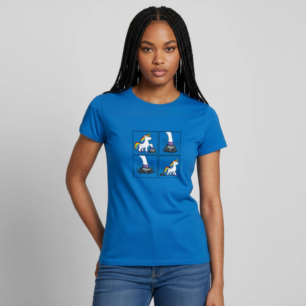 Frauen Rainbow Unicorn Comic T-Shirt – Minimalistisches Statement Shirt mit Regenbogen Einhorn - Royalblau