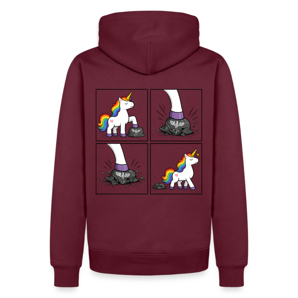 Männer Premium Regenbogen Einhorn Comic Hoodie – Statement Streetwear Unicorn zerstampft Helm – Bunter Oversize Hoodie - Burgunderrot