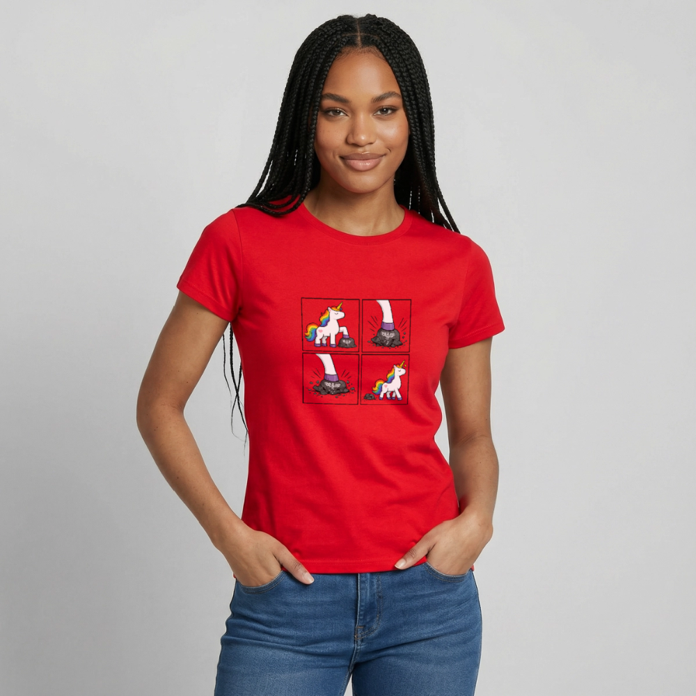 Frauen Rainbow Unicorn Comic T-Shirt – Minimalistisches Statement Shirt mit Regenbogen Einhorn - Rot