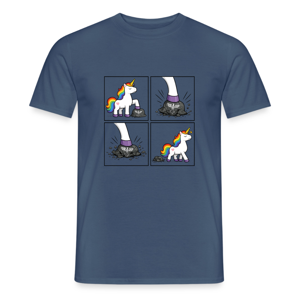 Männer T-Shirt Rainbow Unicorn Comic T-Shirt – Minimalistisches Statement Shirt mit Regenbogen Einhorn - Dunkles Denimblau