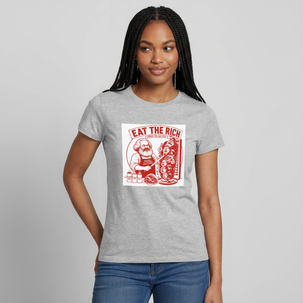 Frauen T-Shirt Eat The Rich Döner T-Shirt - Karl Marx Satire - Grau meliert