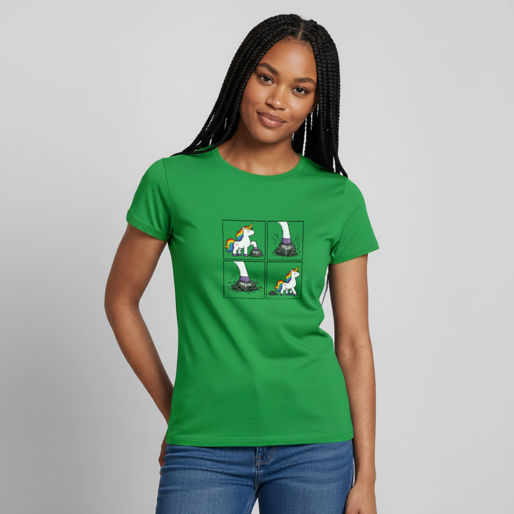 Frauen Rainbow Unicorn Comic T-Shirt – Minimalistisches Statement Shirt mit Regenbogen Einhorn - Kelly Green