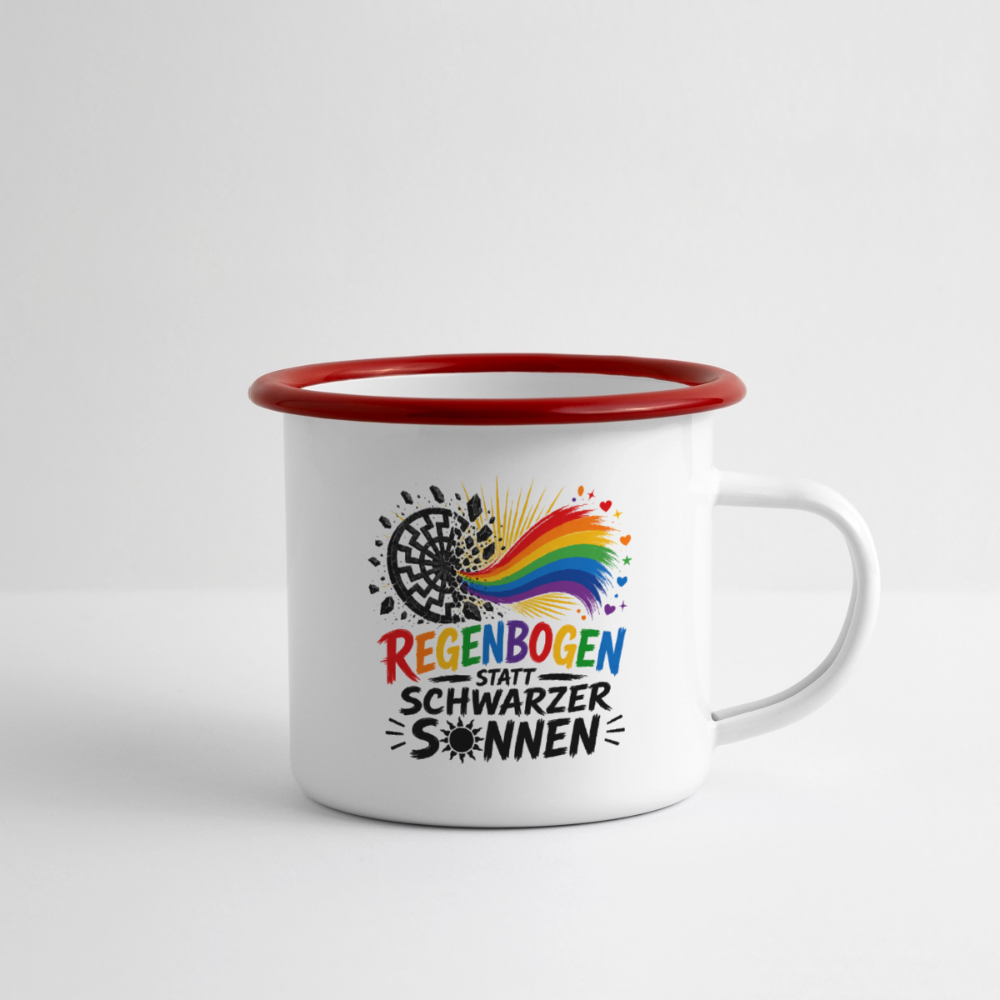 Emaille-Tasse -  Regenbogen statt schwarzer Sonnen - Weiß/Rot