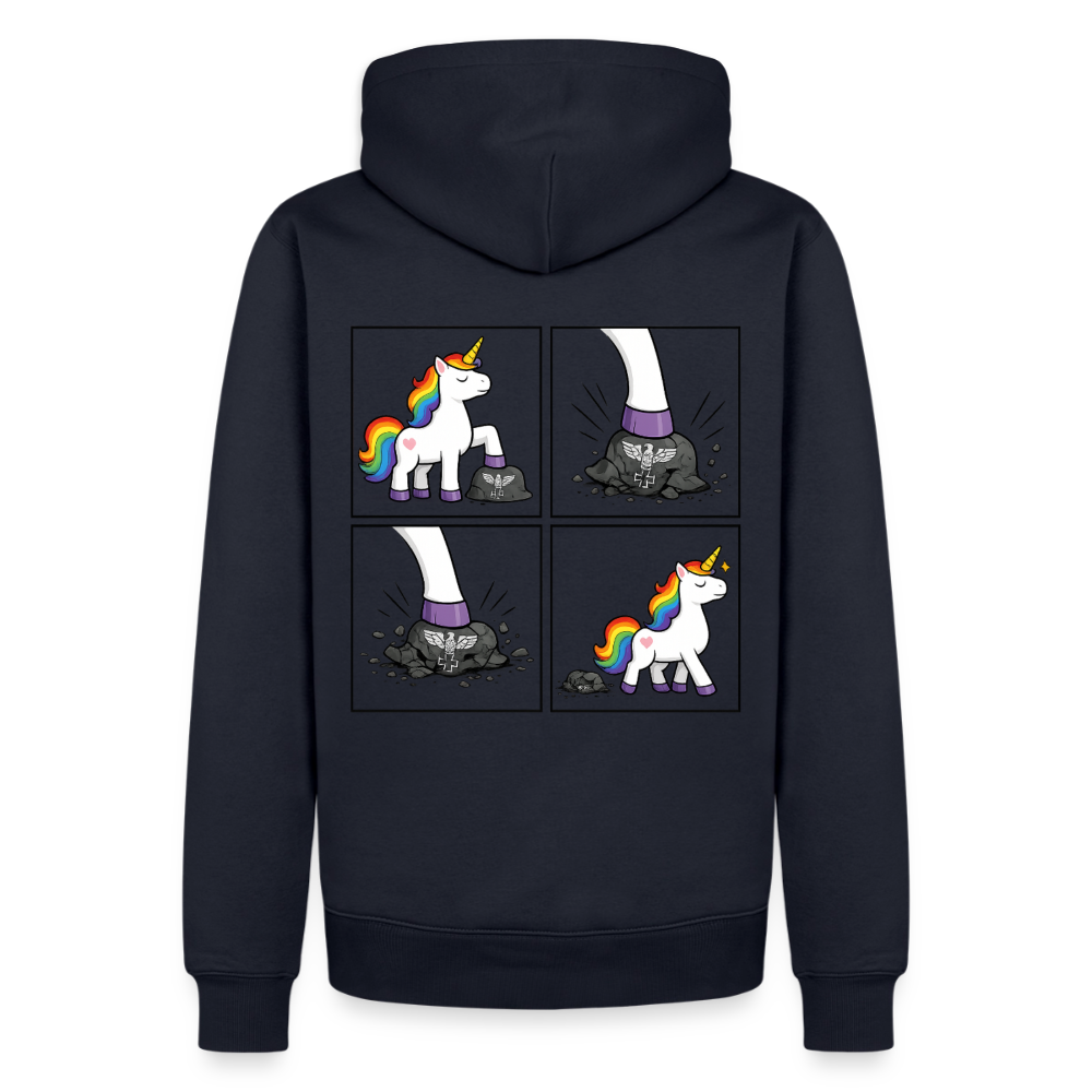 Männer Premium Regenbogen Einhorn Comic Hoodie – Statement Streetwear Unicorn zerstampft Helm – Bunter Oversize Hoodie - Navy