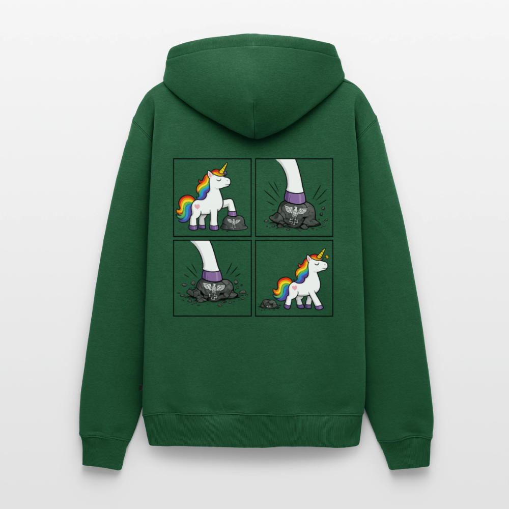 Männer Premium Regenbogen Einhorn Comic Hoodie – Statement Streetwear Unicorn zerstampft Helm – Bunter Oversize Hoodie - Flaschengrün