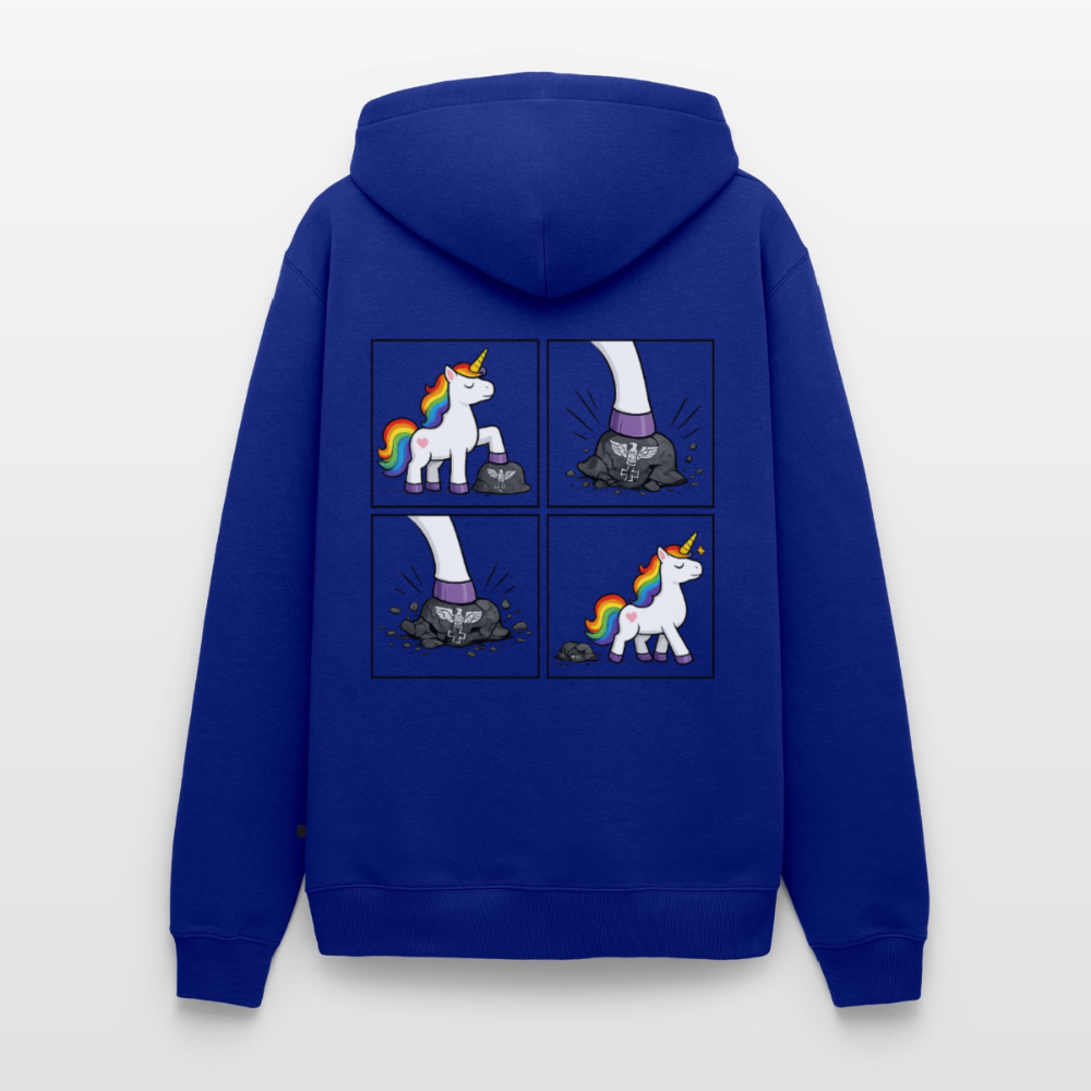 Männer Premium Regenbogen Einhorn Comic Hoodie – Statement Streetwear Unicorn zerstampft Helm – Bunter Oversize Hoodie - Royalblau