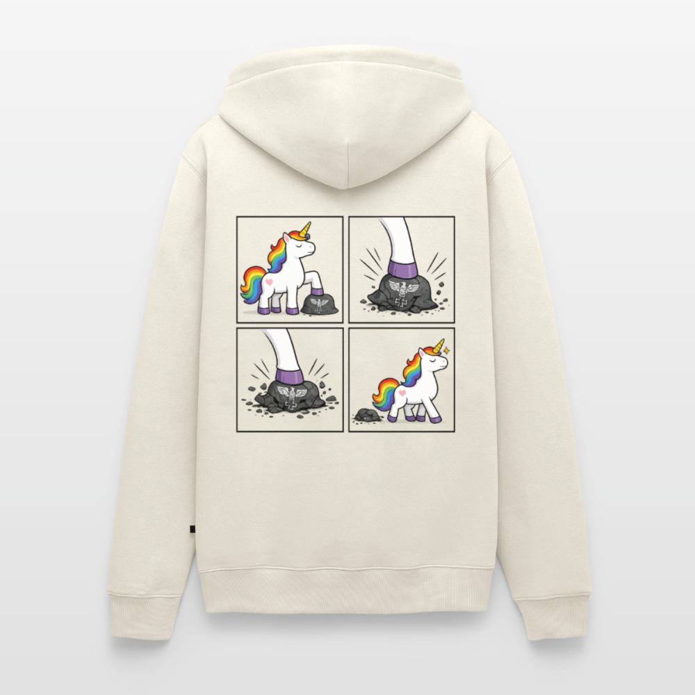 Männer Premium Regenbogen Einhorn Comic Hoodie – Statement Streetwear Unicorn zerstampft Helm – Bunter Oversize Hoodie - Naturweiß