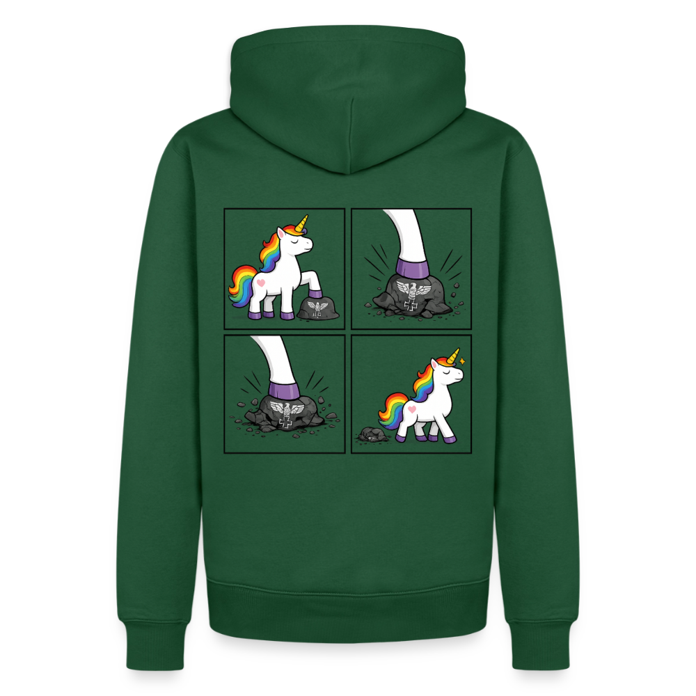 Männer Premium Regenbogen Einhorn Comic Hoodie – Statement Streetwear Unicorn zerstampft Helm – Bunter Oversize Hoodie - Flaschengrün