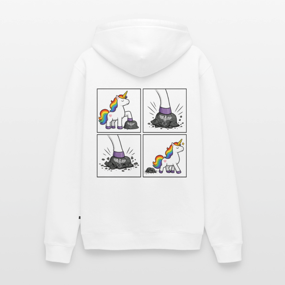 Männer Premium Regenbogen Einhorn Comic Hoodie – Statement Streetwear Unicorn zerstampft Helm – Bunter Oversize Hoodie - Weiß
