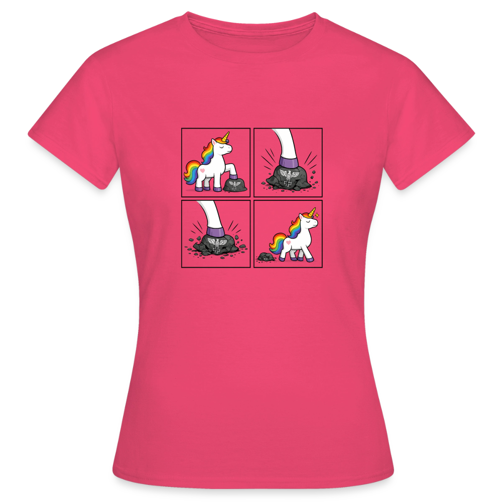 Frauen Rainbow Unicorn Comic T-Shirt – Minimalistisches Statement Shirt mit Regenbogen Einhorn - Azalea