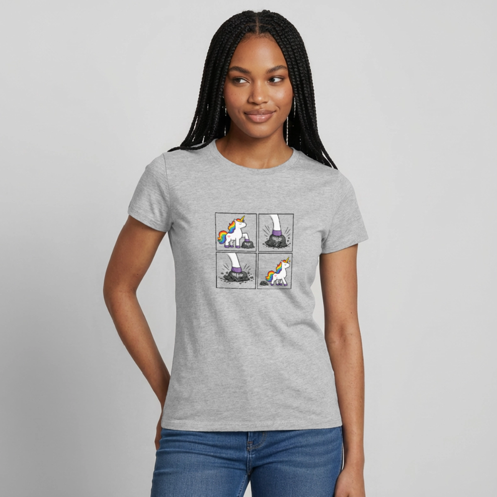 Frauen Rainbow Unicorn Comic T-Shirt – Minimalistisches Statement Shirt mit Regenbogen Einhorn - Grau meliert