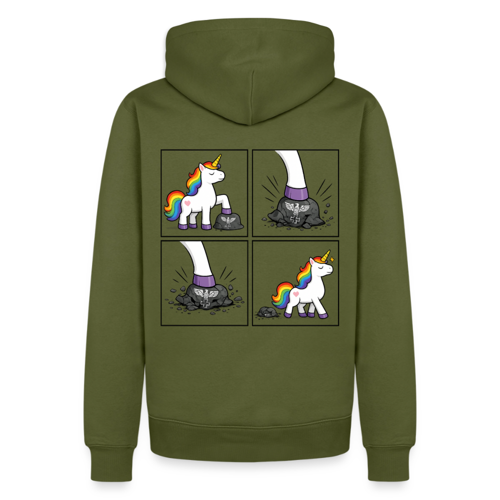 Männer Premium Regenbogen Einhorn Comic Hoodie – Statement Streetwear Unicorn zerstampft Helm – Bunter Oversize Hoodie - Khaki