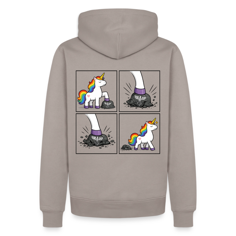 Männer Premium Regenbogen Einhorn Comic Hoodie – Statement Streetwear Unicorn zerstampft Helm – Bunter Oversize Hoodie - Taupe