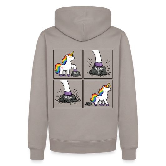 Männer Premium Regenbogen Einhorn Comic Hoodie – Statement Streetwear Unicorn zerstampft Helm – Bunter Oversize Hoodie - Taupe