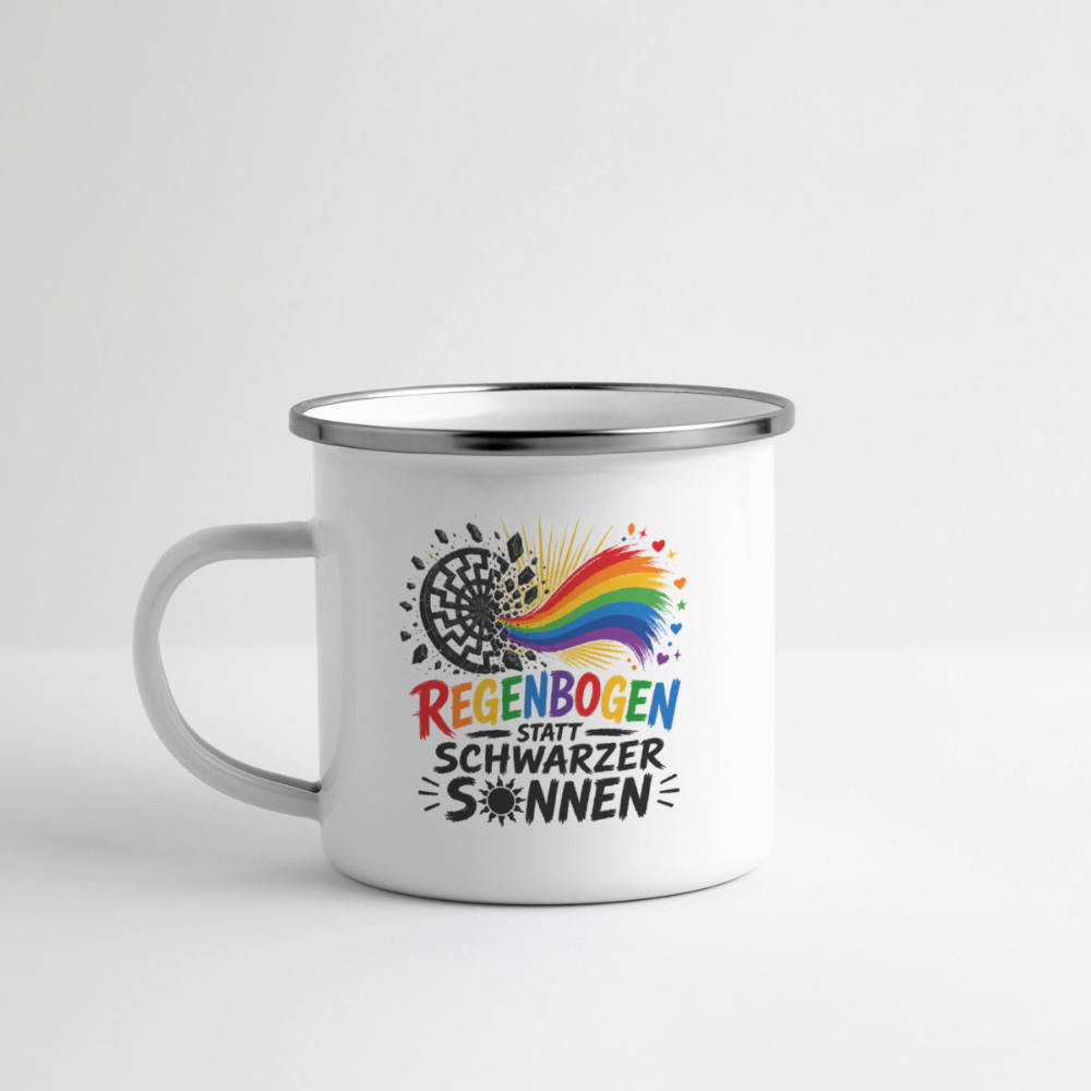 Emaille-Tasse -  Regenbogen statt schwarzer Sonnen - Weiß