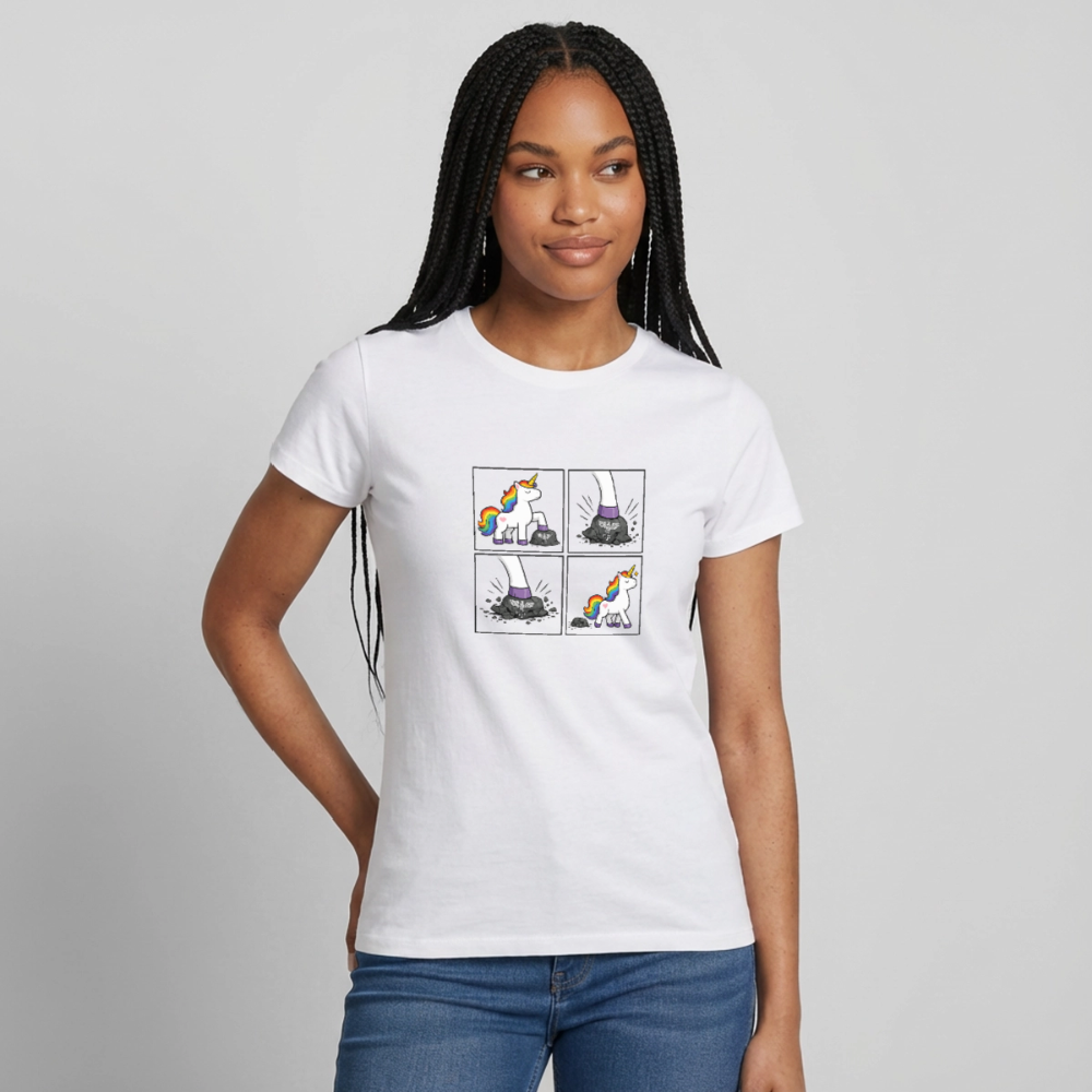 Frauen Rainbow Unicorn Comic T-Shirt – Minimalistisches Statement Shirt mit Regenbogen Einhorn - Weiß