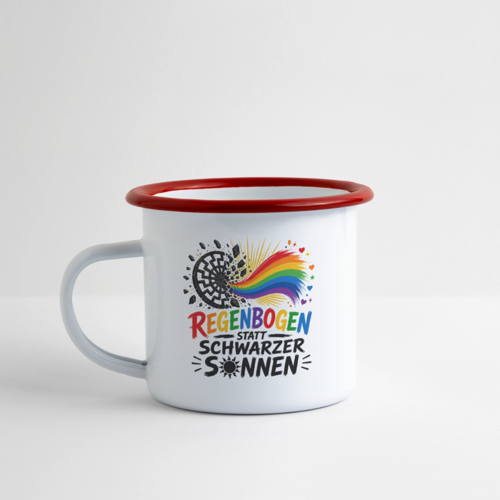 Emaille-Tasse -  Regenbogen statt schwarzer Sonnen - Weiß/Rot