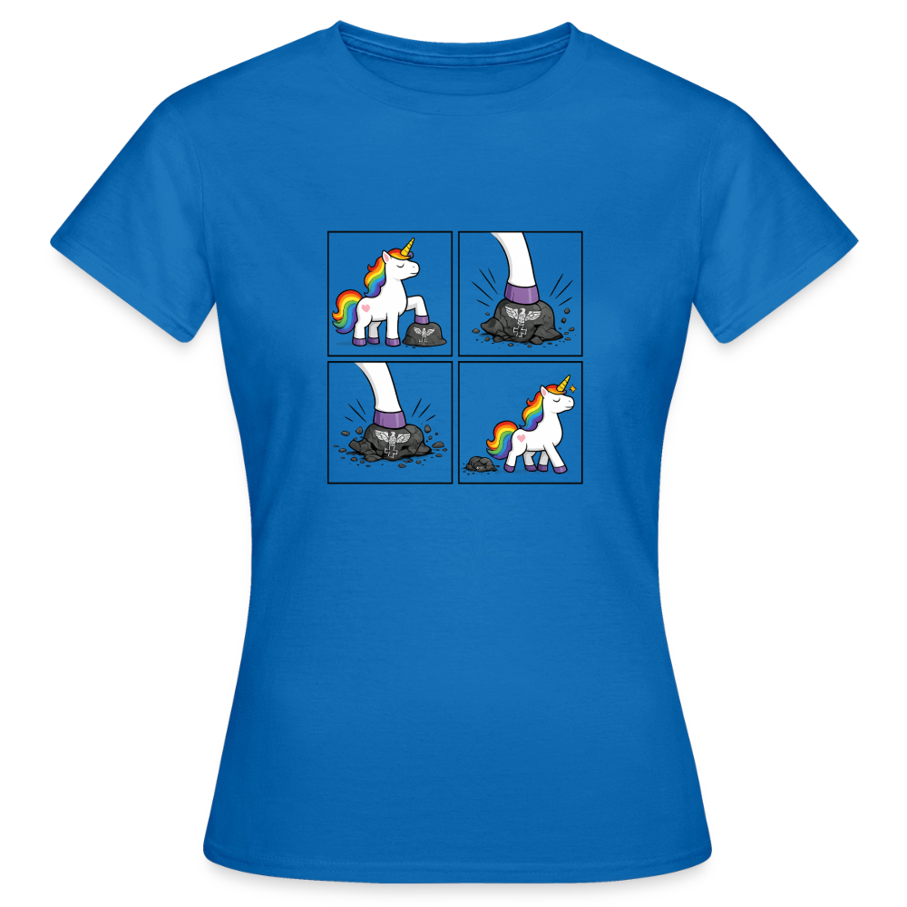 Frauen Rainbow Unicorn Comic T-Shirt – Minimalistisches Statement Shirt mit Regenbogen Einhorn - Royalblau
