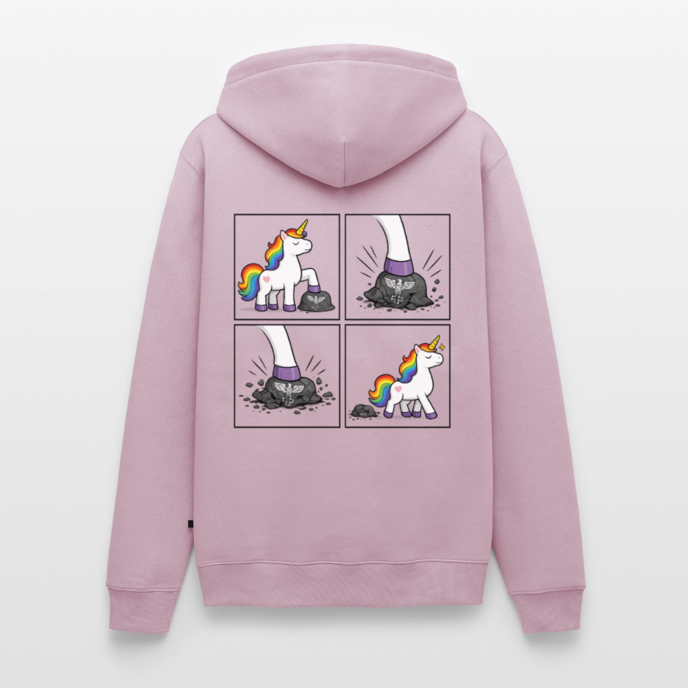 Männer Premium Regenbogen Einhorn Comic Hoodie – Statement Streetwear Unicorn zerstampft Helm – Bunter Oversize Hoodie - Altrosa