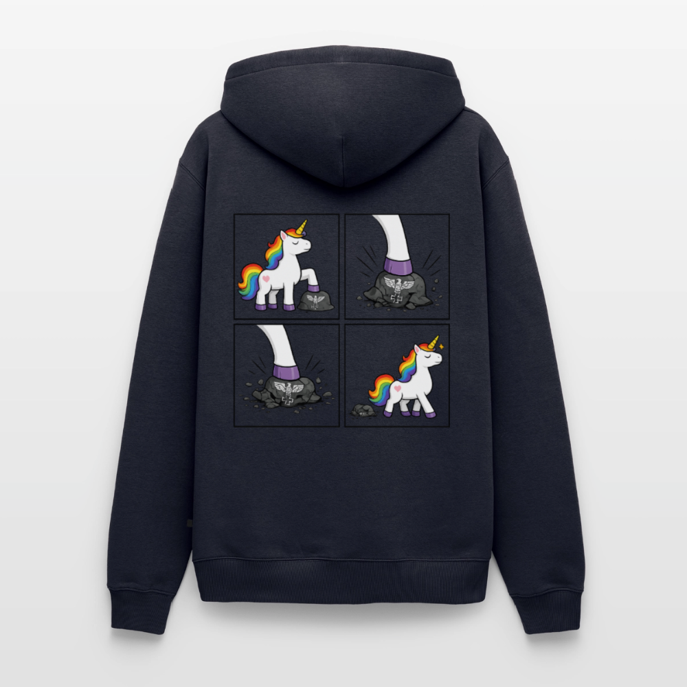 Männer Premium Regenbogen Einhorn Comic Hoodie – Statement Streetwear Unicorn zerstampft Helm – Bunter Oversize Hoodie - Navy