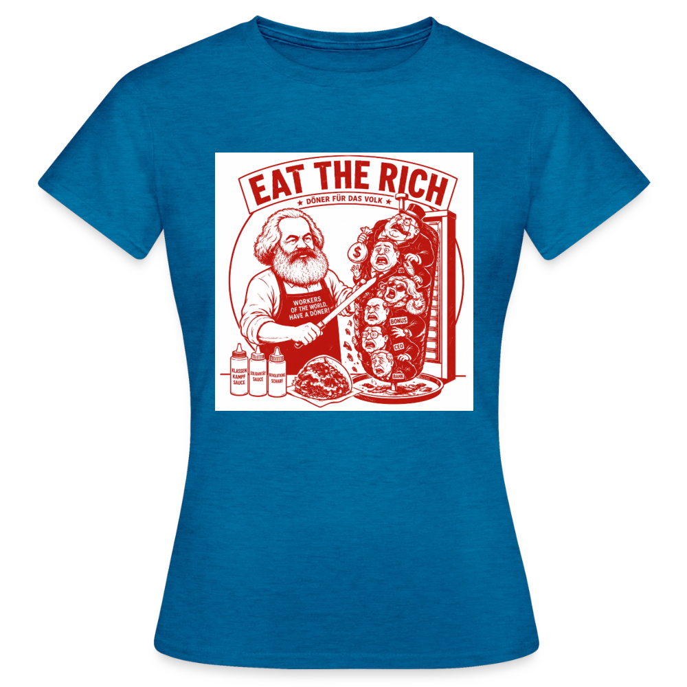 Frauen T-Shirt Eat The Rich Döner T-Shirt - Karl Marx Satire - Antikblaues Saphir meliert