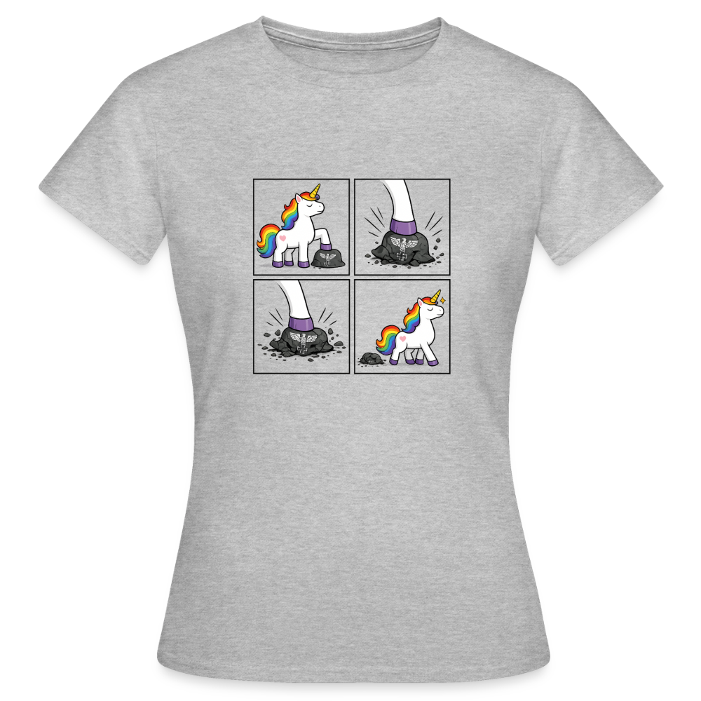 Frauen Rainbow Unicorn Comic T-Shirt – Minimalistisches Statement Shirt mit Regenbogen Einhorn - Grau meliert