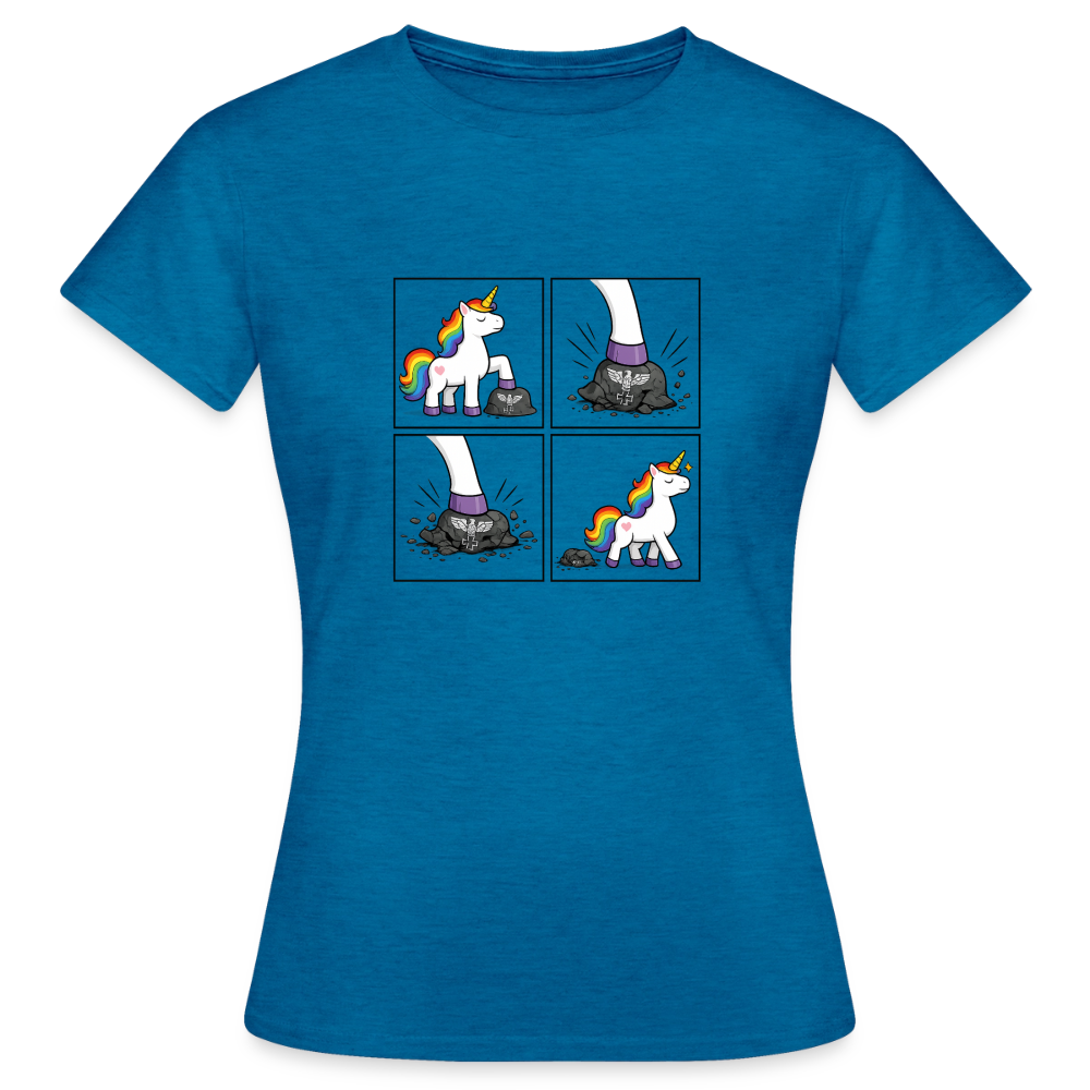 Frauen Rainbow Unicorn Comic T-Shirt – Minimalistisches Statement Shirt mit Regenbogen Einhorn - Antikblaues Saphir meliert