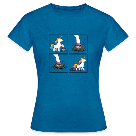 Frauen Rainbow Unicorn Comic T-Shirt – Minimalistisches Statement Shirt mit Regenbogen Einhorn - Antikblaues Saphir meliert