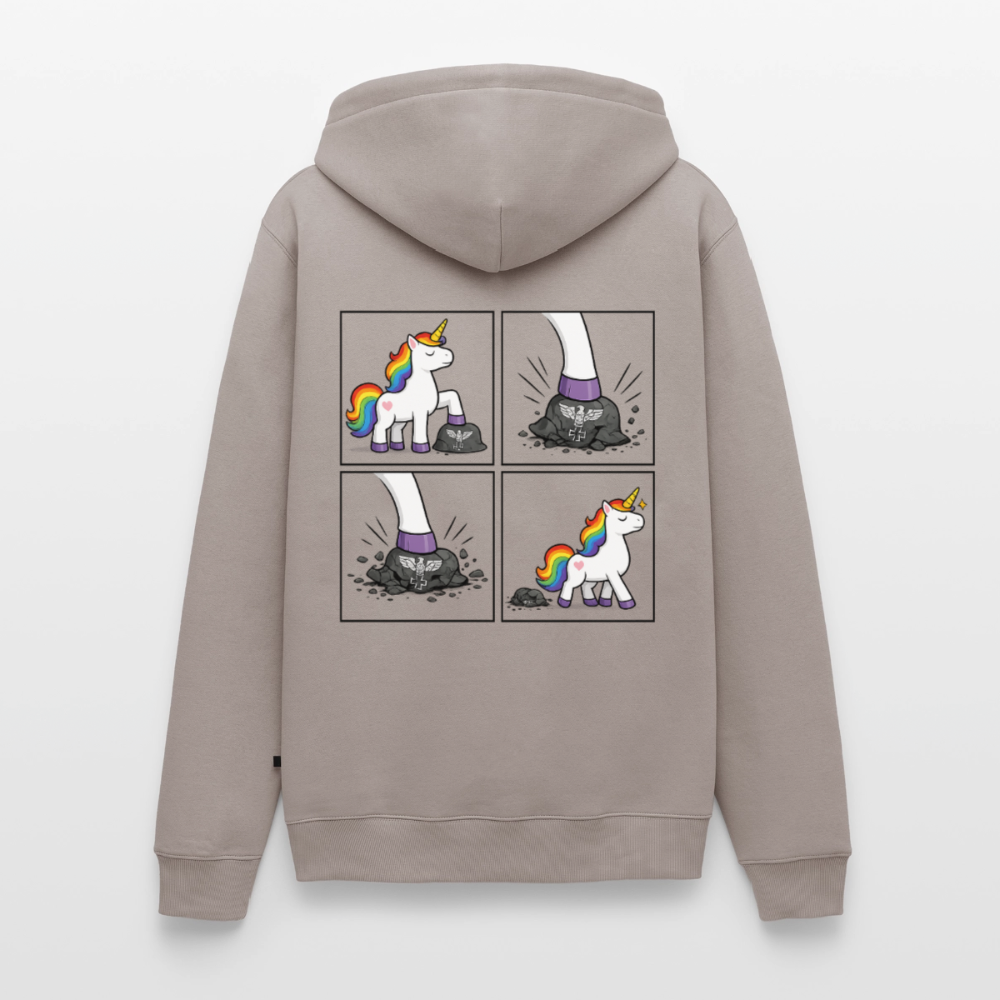 Männer Premium Regenbogen Einhorn Comic Hoodie – Statement Streetwear Unicorn zerstampft Helm – Bunter Oversize Hoodie - Taupe