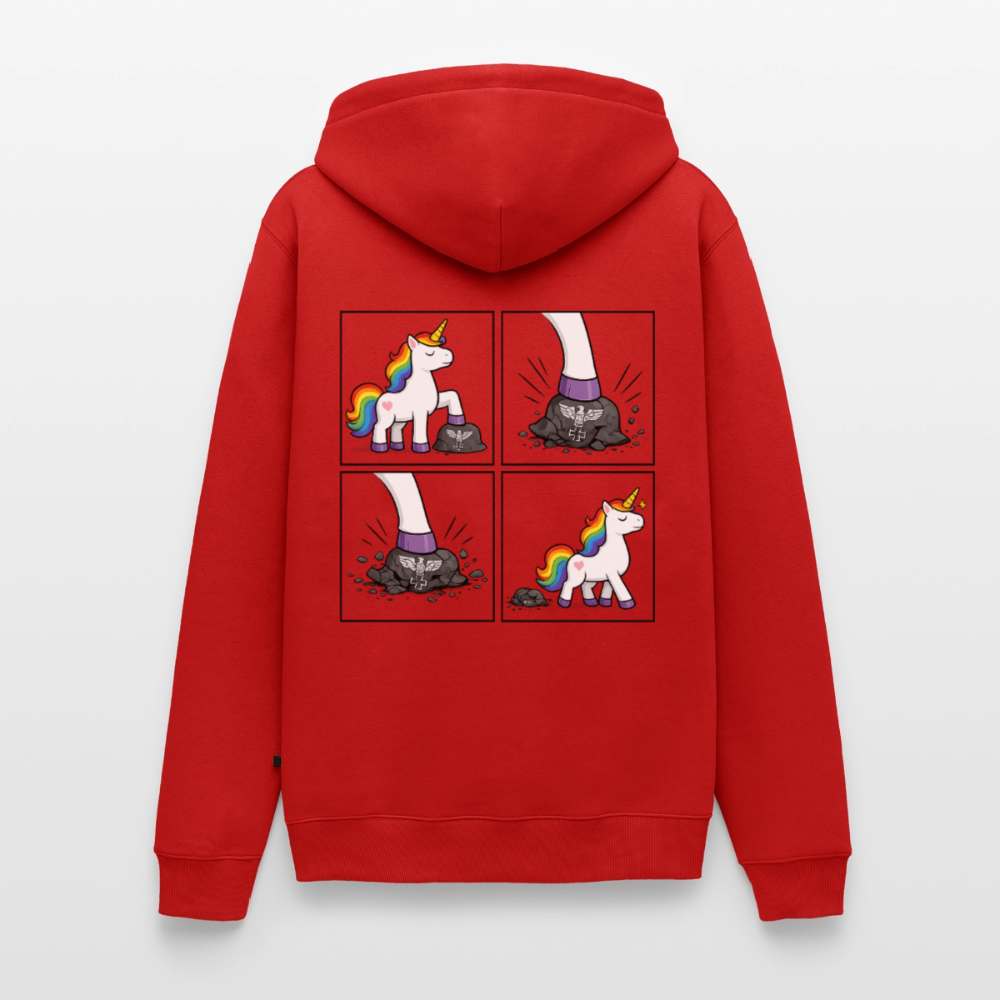 Männer Premium Regenbogen Einhorn Comic Hoodie – Statement Streetwear Unicorn zerstampft Helm – Bunter Oversize Hoodie - Rot