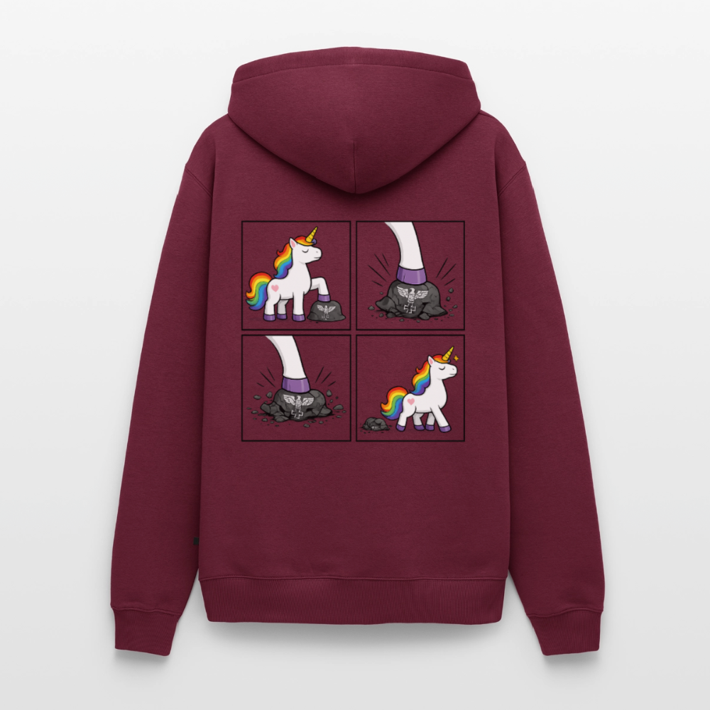 Männer Premium Regenbogen Einhorn Comic Hoodie – Statement Streetwear Unicorn zerstampft Helm – Bunter Oversize Hoodie - Burgunderrot