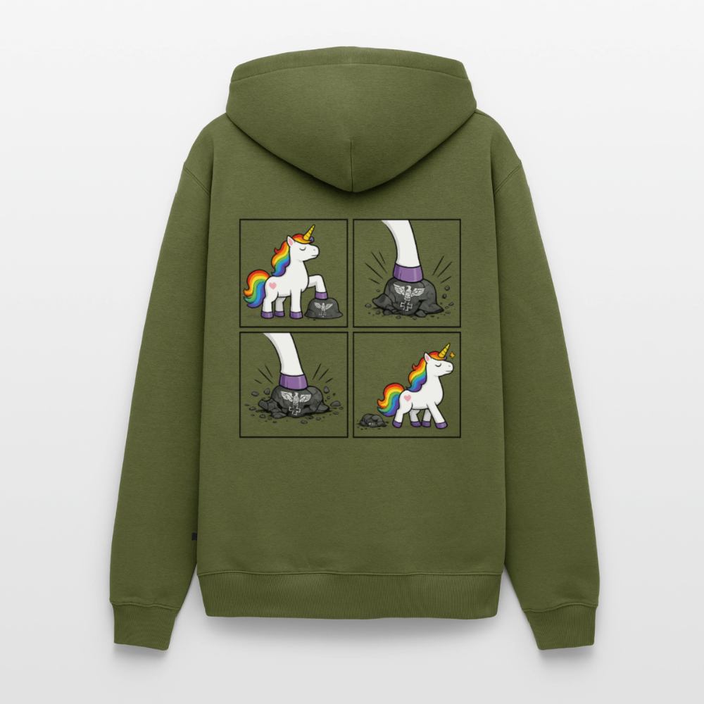Männer Premium Regenbogen Einhorn Comic Hoodie – Statement Streetwear Unicorn zerstampft Helm – Bunter Oversize Hoodie - Khaki