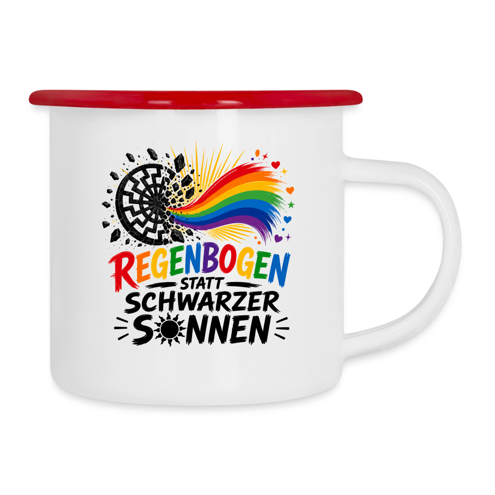 Emaille-Tasse -  Regenbogen statt schwarzer Sonnen - Weiß/Rot