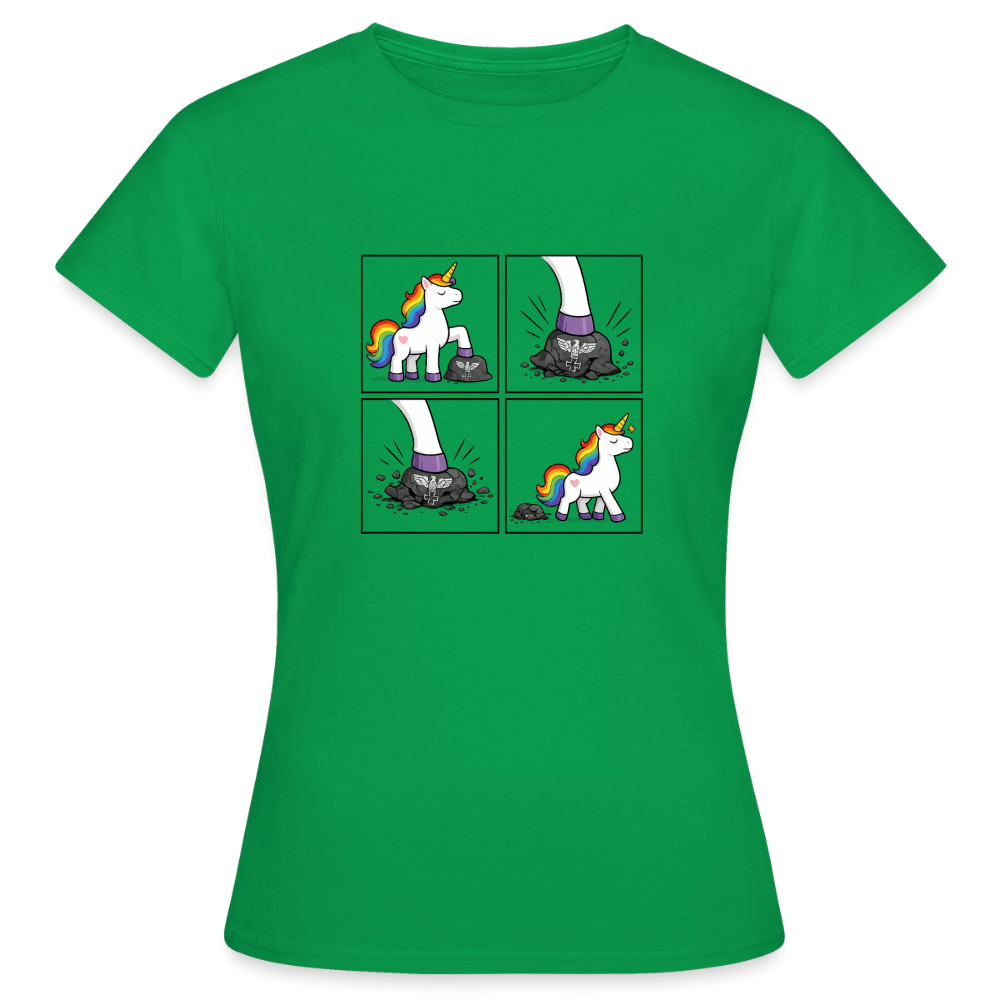 Frauen Rainbow Unicorn Comic T-Shirt – Minimalistisches Statement Shirt mit Regenbogen Einhorn - Kelly Green