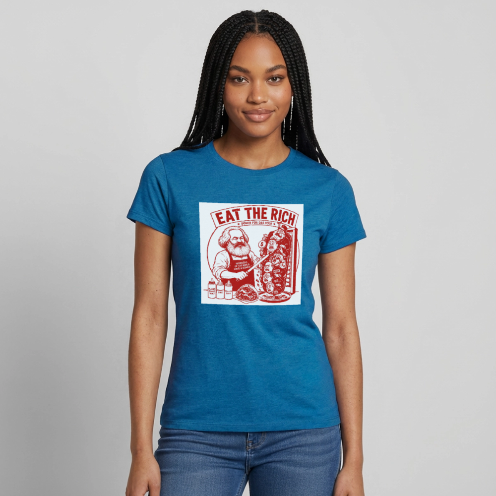 Frauen T-Shirt Eat The Rich Döner T-Shirt - Karl Marx Satire - Antikblaues Saphir meliert