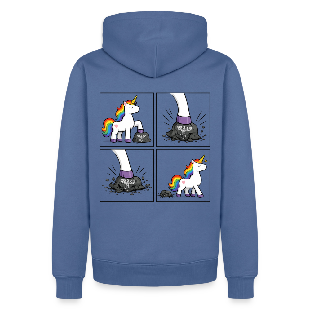 Männer Premium Regenbogen Einhorn Comic Hoodie – Statement Streetwear Unicorn zerstampft Helm – Bunter Oversize Hoodie - Taubenblau