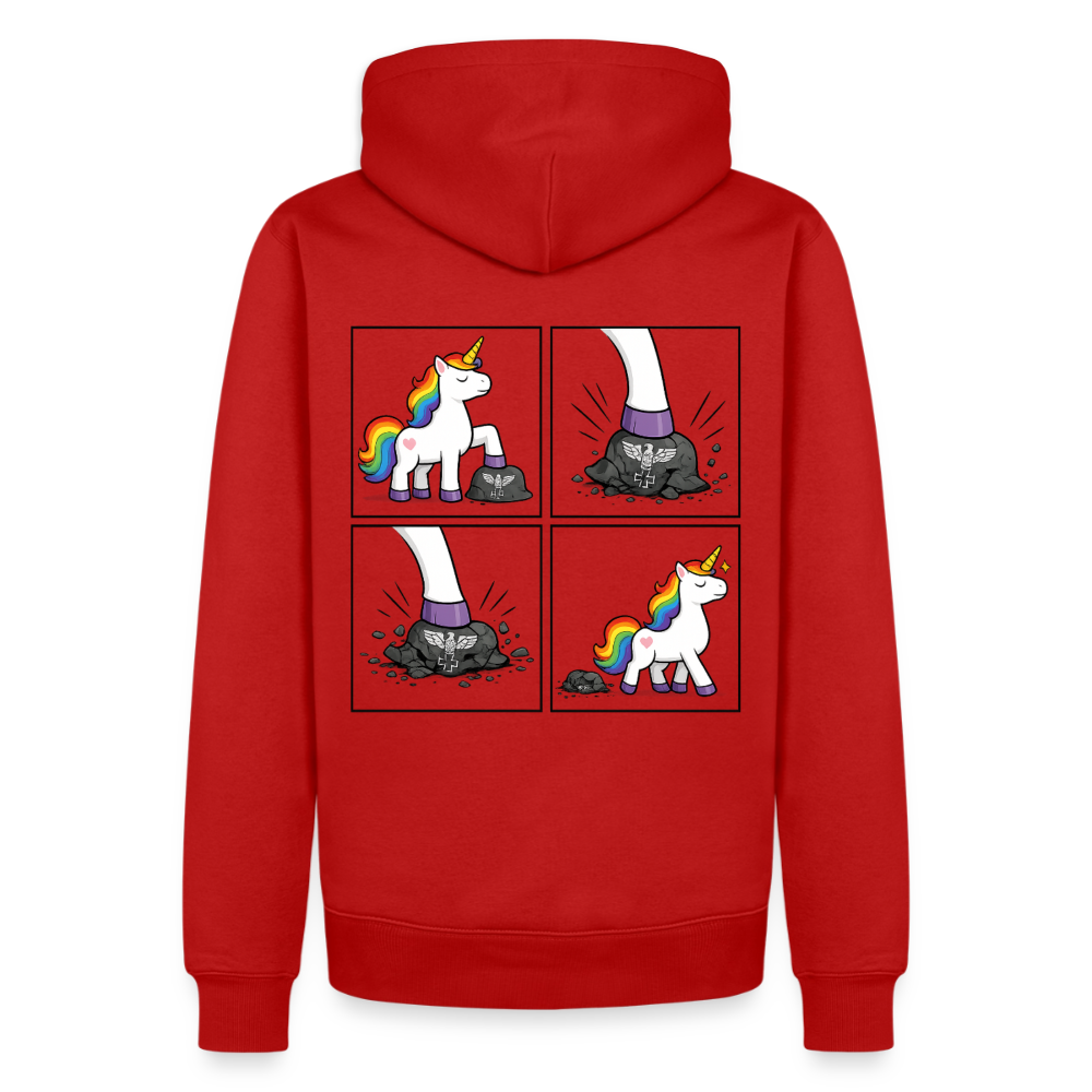 Männer Premium Regenbogen Einhorn Comic Hoodie – Statement Streetwear Unicorn zerstampft Helm – Bunter Oversize Hoodie - Rot