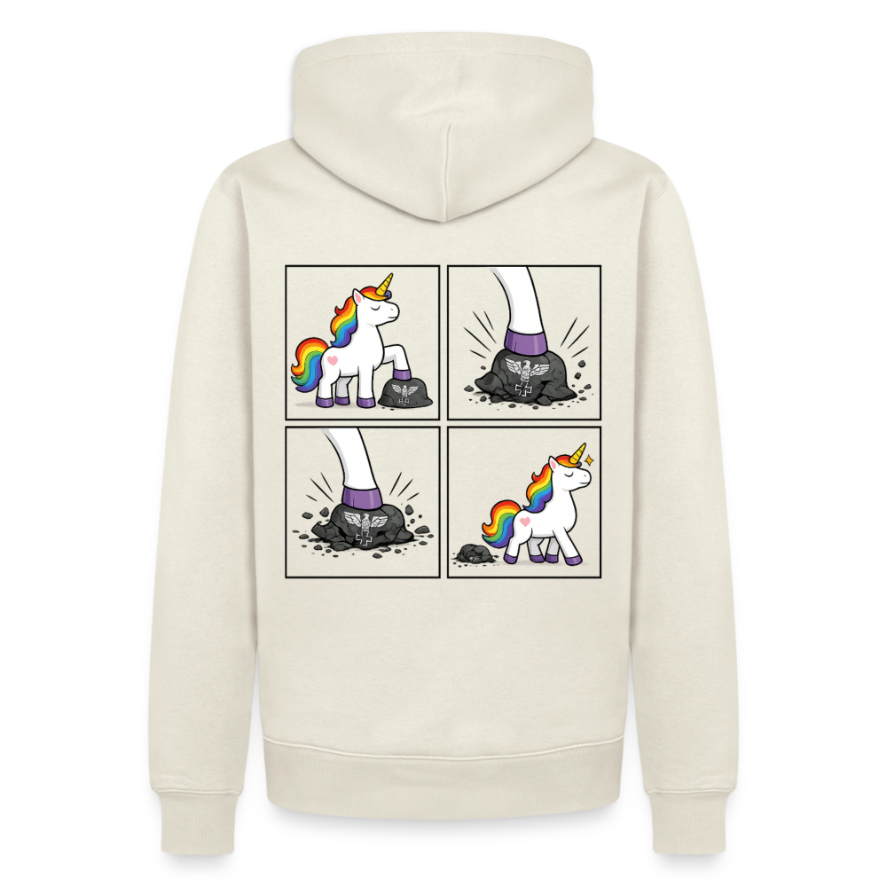 Männer Premium Regenbogen Einhorn Comic Hoodie – Statement Streetwear Unicorn zerstampft Helm – Bunter Oversize Hoodie - Naturweiß