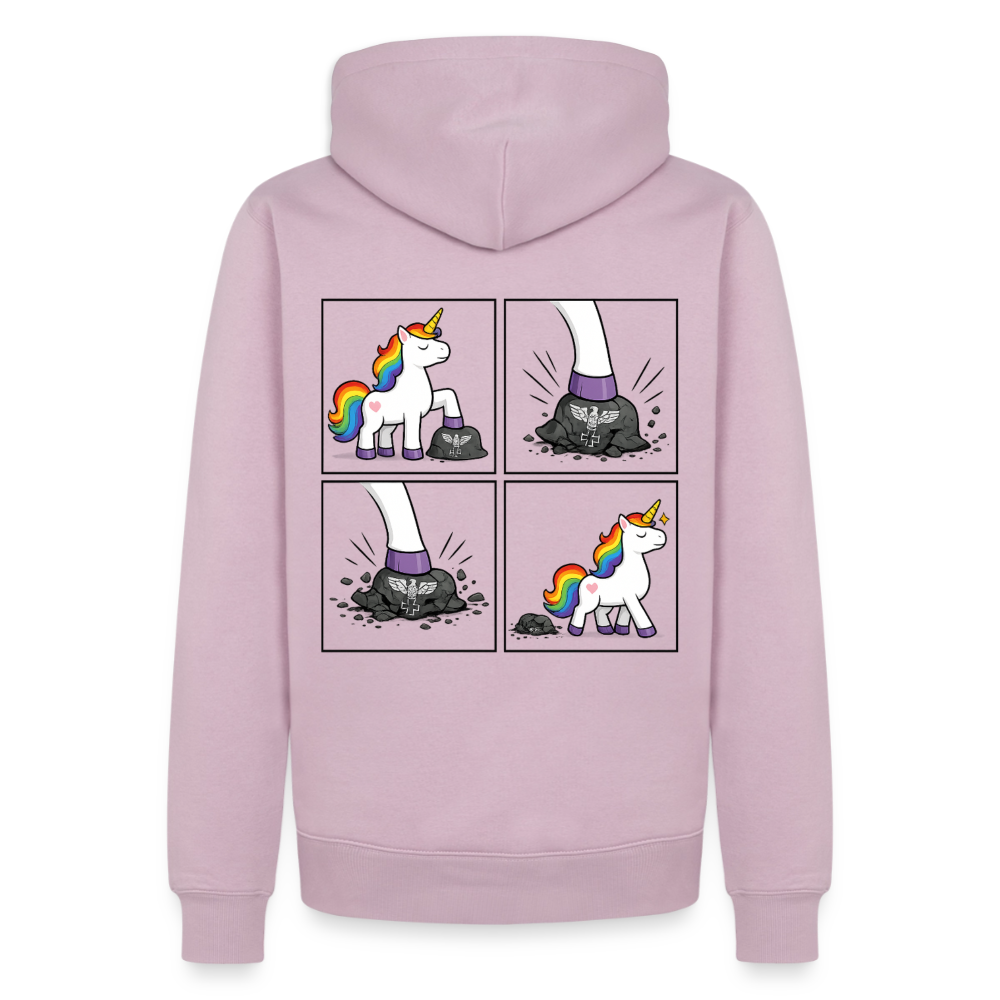 Männer Premium Regenbogen Einhorn Comic Hoodie – Statement Streetwear Unicorn zerstampft Helm – Bunter Oversize Hoodie - Altrosa