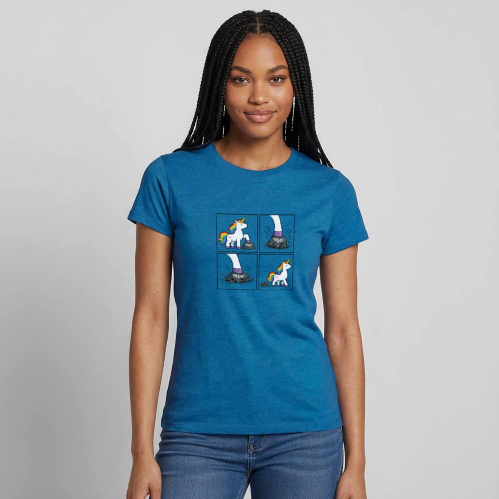Frauen Rainbow Unicorn Comic T-Shirt – Minimalistisches Statement Shirt mit Regenbogen Einhorn - Antikblaues Saphir meliert