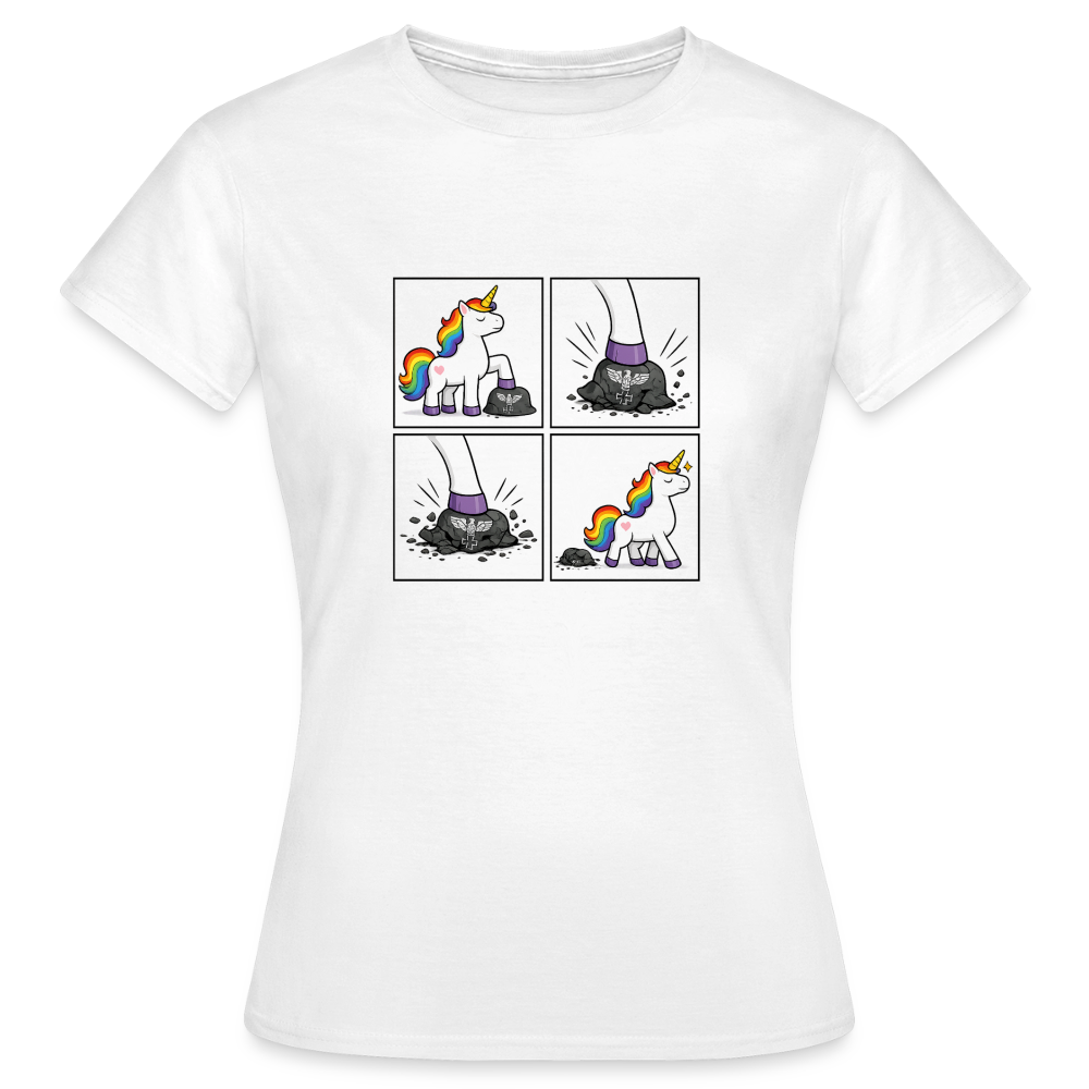 Frauen Rainbow Unicorn Comic T-Shirt – Minimalistisches Statement Shirt mit Regenbogen Einhorn - Weiß