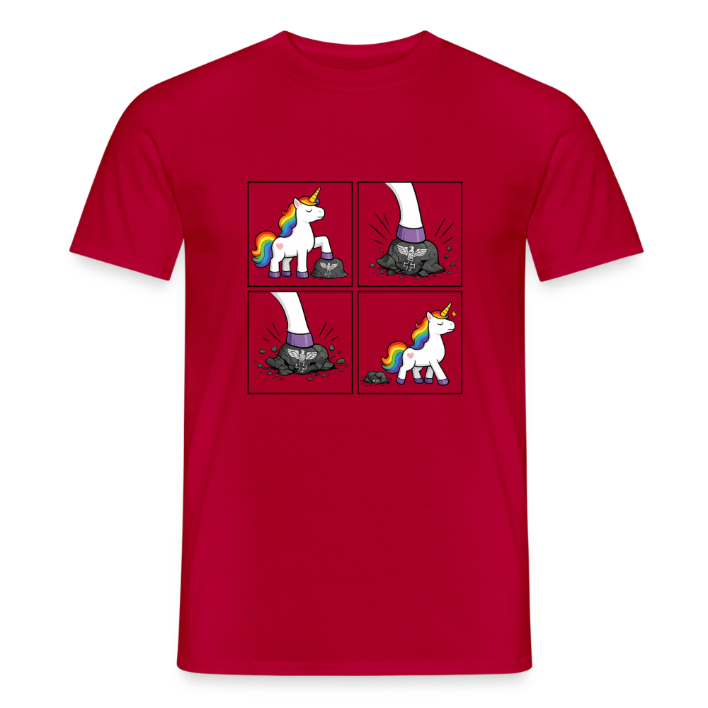 Männer T-Shirt Rainbow Unicorn Comic T-Shirt – Minimalistisches Statement Shirt mit Regenbogen Einhorn - Rot