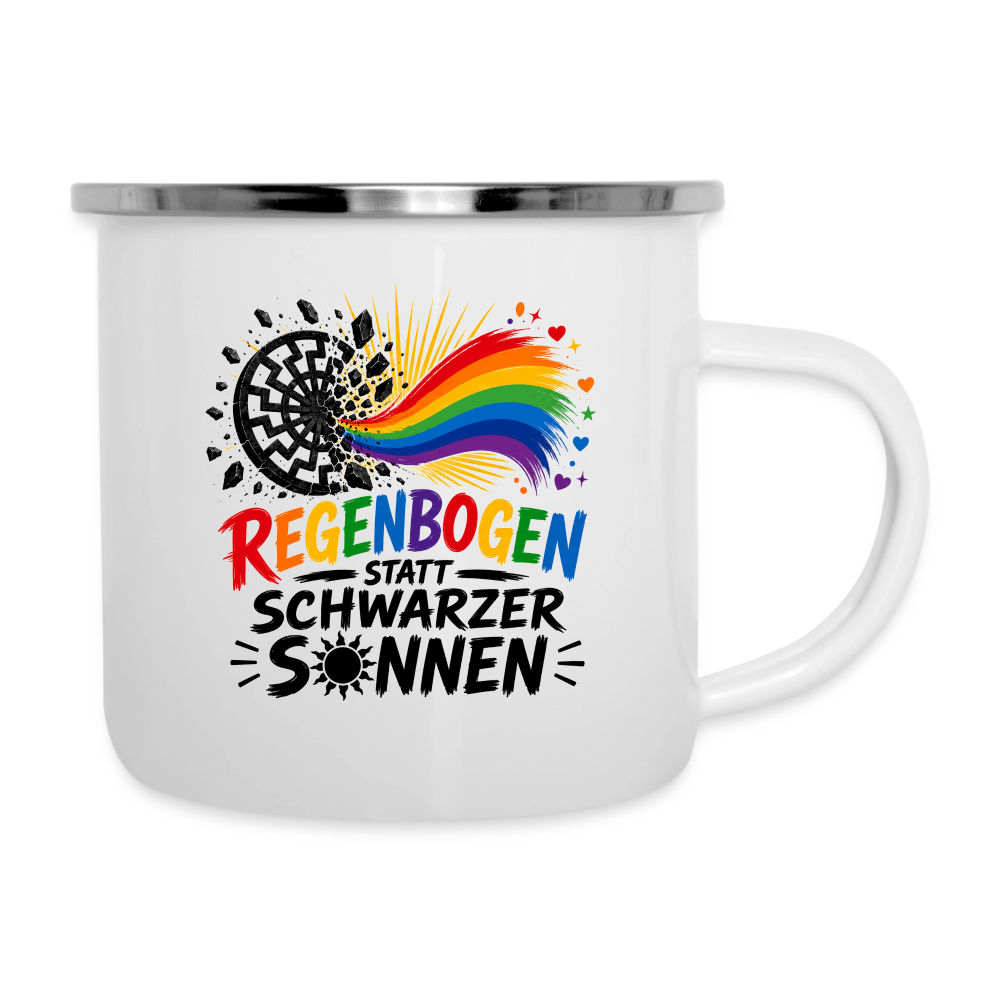 Emaille-Tasse -  Regenbogen statt schwarzer Sonnen - Weiß