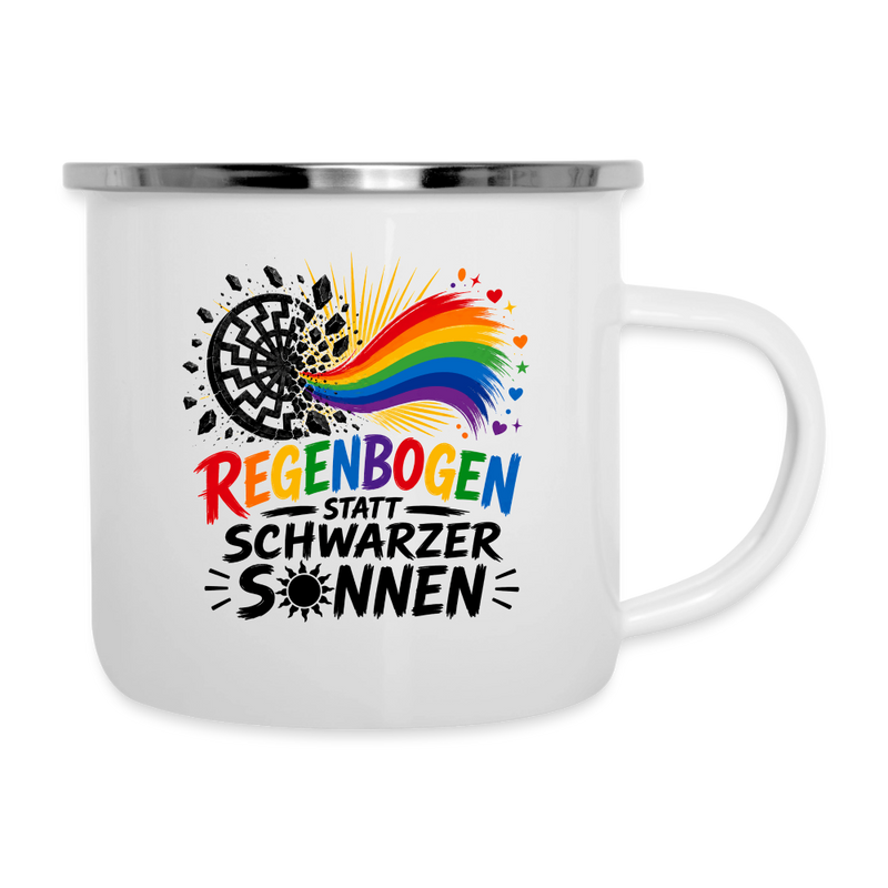 Emaille-Tasse -  Regenbogen statt schwarzer Sonnen - Weiß