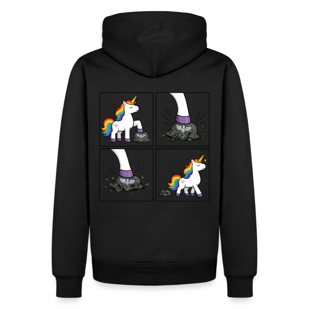Männer Premium Regenbogen Einhorn Comic Hoodie – Statement Streetwear Unicorn zerstampft Helm – Bunter Oversize Hoodie - Schwarz