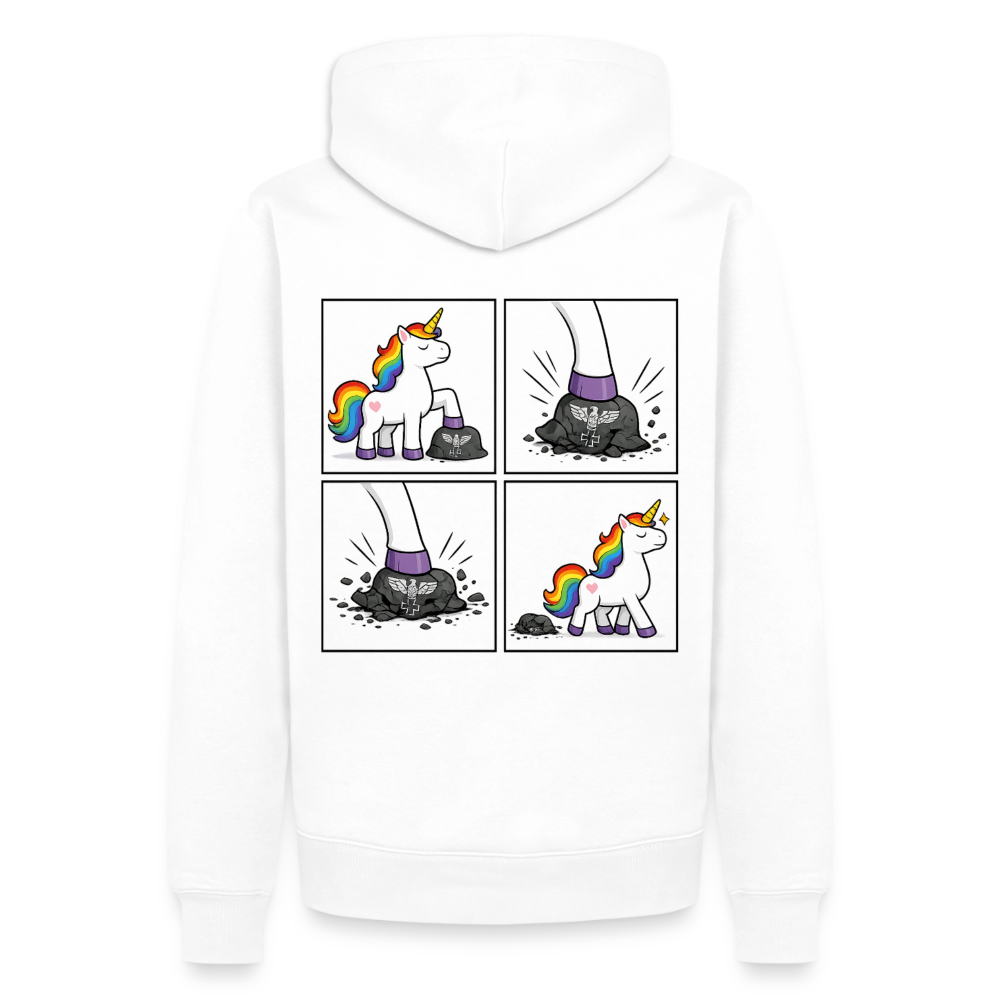 Männer Premium Regenbogen Einhorn Comic Hoodie – Statement Streetwear Unicorn zerstampft Helm – Bunter Oversize Hoodie - Weiß