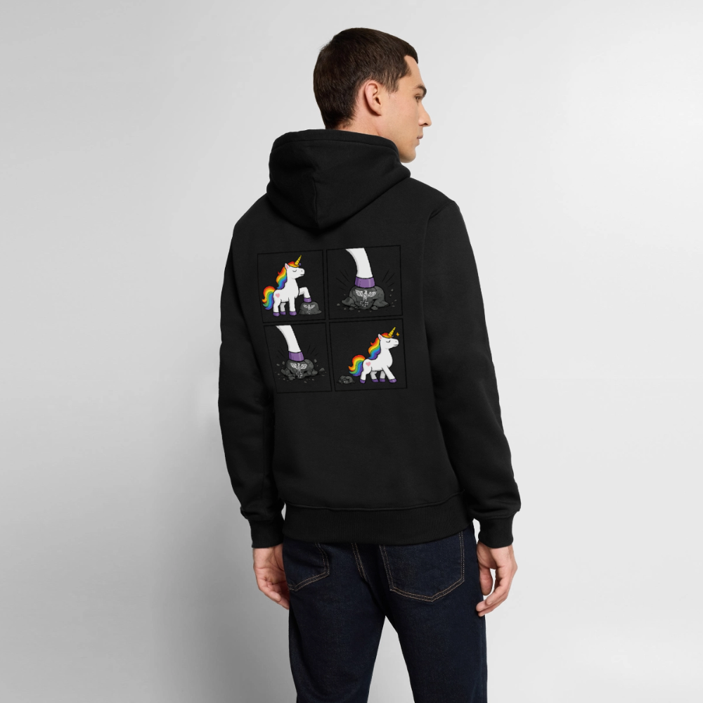 Männer Premium Regenbogen Einhorn Comic Hoodie – Statement Streetwear Unicorn zerstampft Helm – Bunter Oversize Hoodie - Schwarz