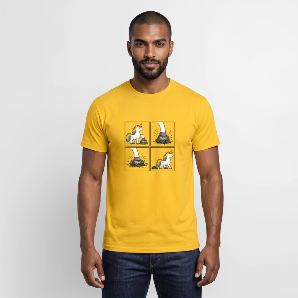 Männer T-Shirt Rainbow Unicorn Comic T-Shirt – Minimalistisches Statement Shirt mit Regenbogen Einhorn - Gelb